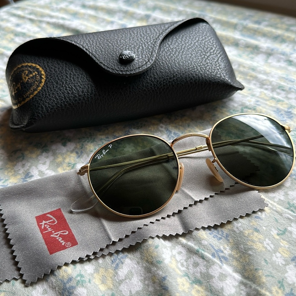 Ray-Ban Round Matte Gold 3447 Polarized Green Lenses